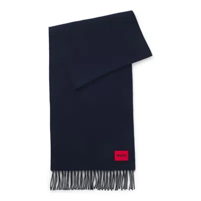 Hugo Boss Wool-twill Scarf With Twisted Fringes In Blue