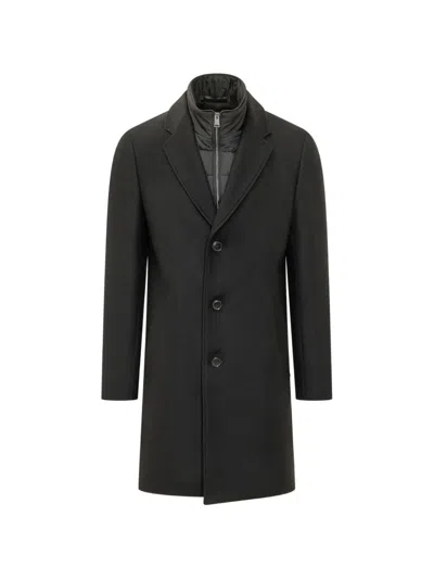 Hugo Boss Wool-blend Coat With Zip-up Inner In Brown