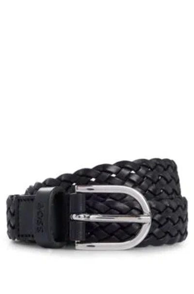 Hugo Boss Woven Belt With Branded Leather Keeper And Polished Hardware In Black
