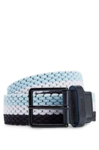 Hugo Boss Woven Belt With Leather Trims And Contrasting Color Detail In Light Blue