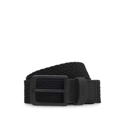 Hugo Boss Woven Belt With Leather Trims And Logo Detail In Black