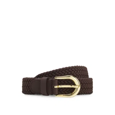 Hugo Boss Woven Belt With Leather Trims In Brown