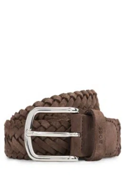 Hugo Boss Woven-suede Belt With Branded Keeper And Polished Hardware In Brown