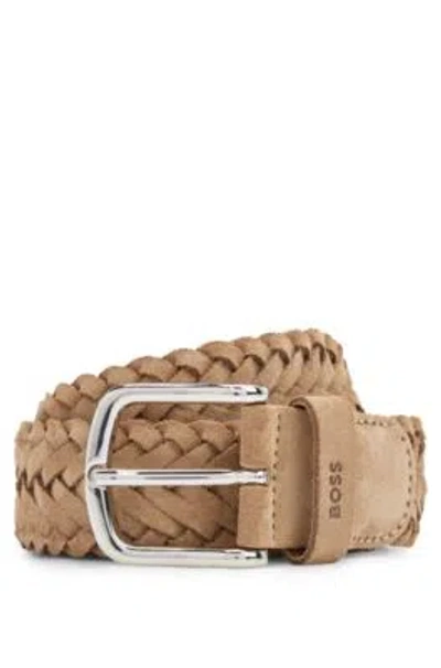 Hugo Boss Woven-suede Belt With Branded Keeper And Polished Hardware In Light Beige