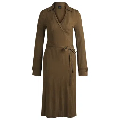 Hugo Boss Wrap Dress In Lustrous Ribbed Jersey In Open Brown