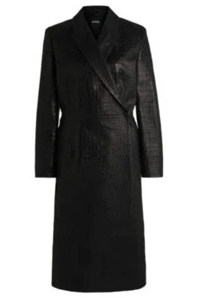 Hugo Boss Wrap-front Coat In Crocodile-embossed Leather In Black