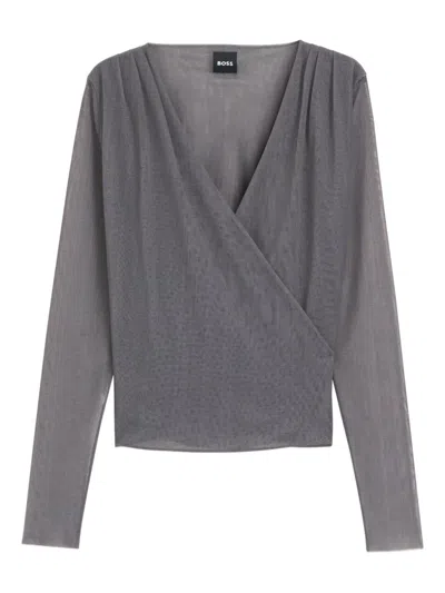 Hugo Boss Wrap-front Long-sleeve Top In Gray