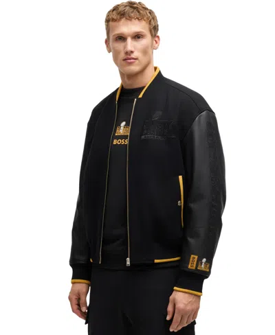 Hugo Boss X Nfl Leather Sleeve Wool-blend Jacket In Black