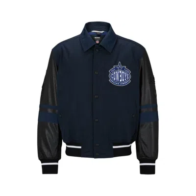 Hugo Boss Boss X Nfl Water-repellent Bomber Jacket With Collaborative Branding In Blue