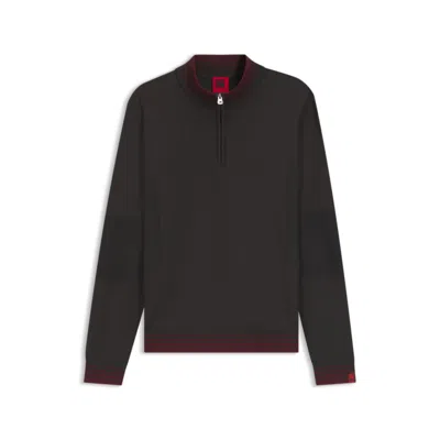 Hugo Boss X Rb Zip-neck Sweater With Contrast Tipping Stripes In Brown