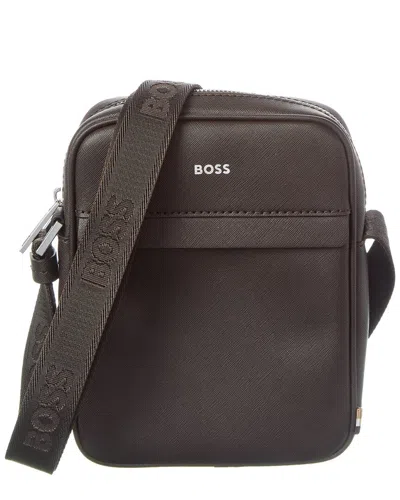 Hugo Boss Zair Ns Zip Leather Reporter Bag In Brown