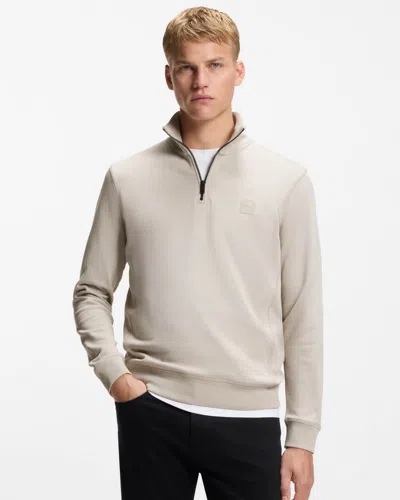 Hugo Boss Quarter-zip Cotton-terry Sweatshirt With Logo Patch In Neutral