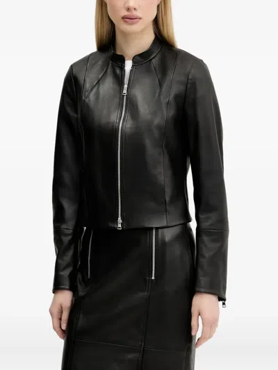 Hugo Boss Zip-front Panelled Leather Jacket In Black