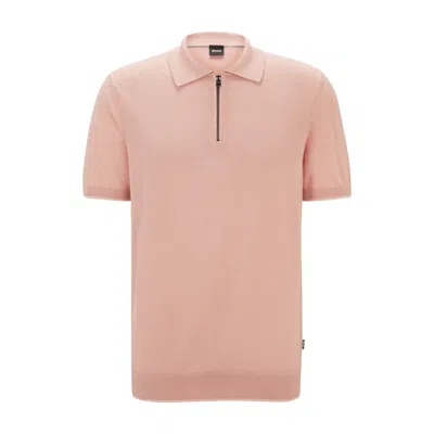 Hugo Boss Zip-neck Knit Polo In A Linen Blend In Pink