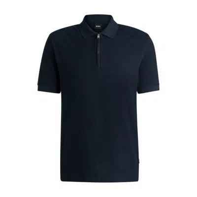 HUGO BOSS ZIP-NECK KNIT POLO SHIRT WITH WAFFLE STRUCTURE