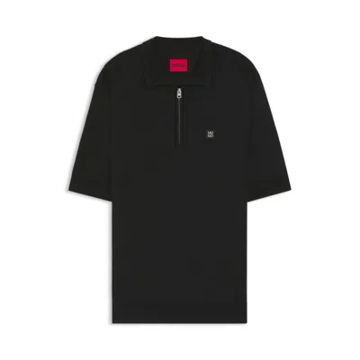 Hugo Boss Zip-neck Knit Polo With Stacked-logo Trim In Black