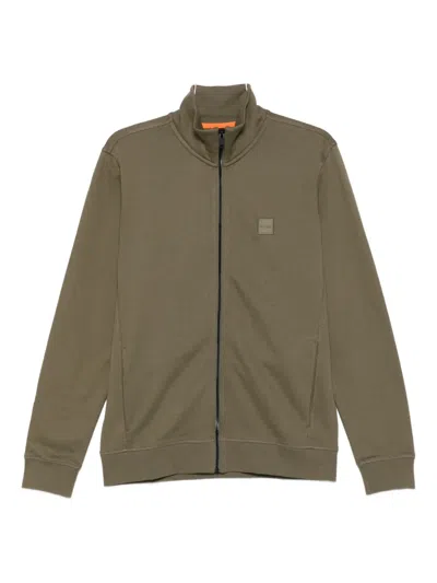 Hugo Boss Zip-neck Logo Sweatshirt In Green