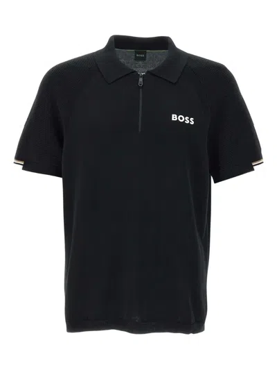 Hugo Boss Zip-neck Polo Shirt In Black