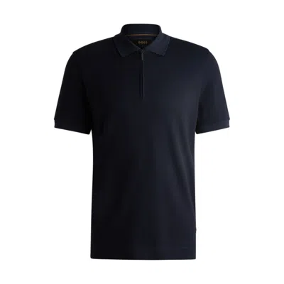 Hugo Boss Zip-neck Polo Shirt In Cotton And Cashmere In Blue