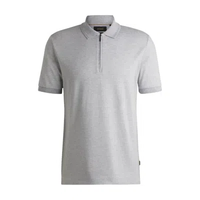 Hugo Boss Zip-neck Polo Shirt In Cotton And Silk In Gray