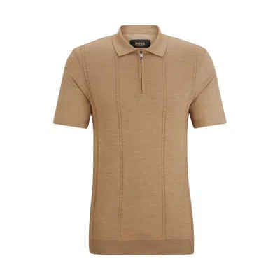 Hugo Boss Zip-neck Polo Shirt In Cotton And Silk In Beige