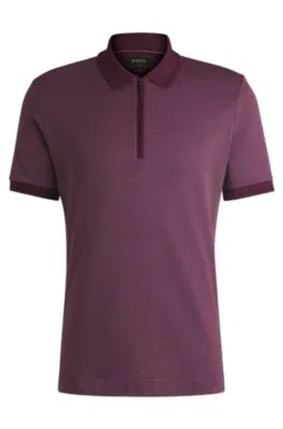 Hugo Boss Zip-neck Polo Shirt In Cotton And Silk In Dark Purple