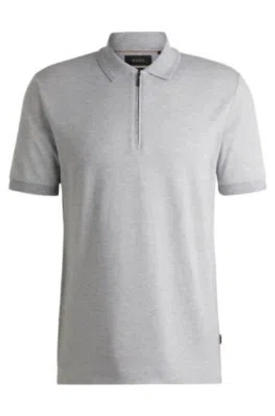 Hugo Boss Zip-neck Polo Shirt In Cotton And Silk In Light Grey