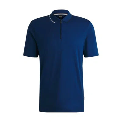 Hugo Boss Zip-neck Polo Shirt In Interlock Cotton In Blue