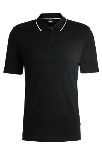 Hugo Boss Zip-neck Polo Shirt In Interlock Cotton In Black