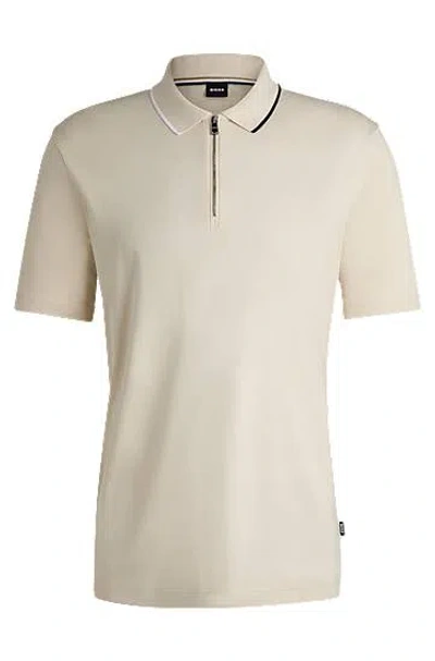 Hugo Boss Zip-neck Polo Shirt In Interlock Cotton In White