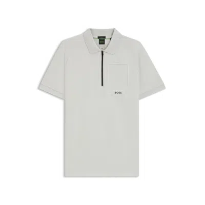 Hugo Boss Zip-neck Polo Shirt In Moisture-wicking Stretch Cotton In Gray