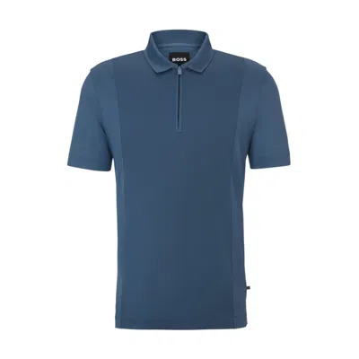 Hugo Boss Zip-neck Polo Shirt In Stretch Cotton In Blue