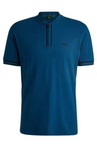 Hugo Boss Zip-neck Polo Shirt In Stretch-cotton Piqu In Light Blue