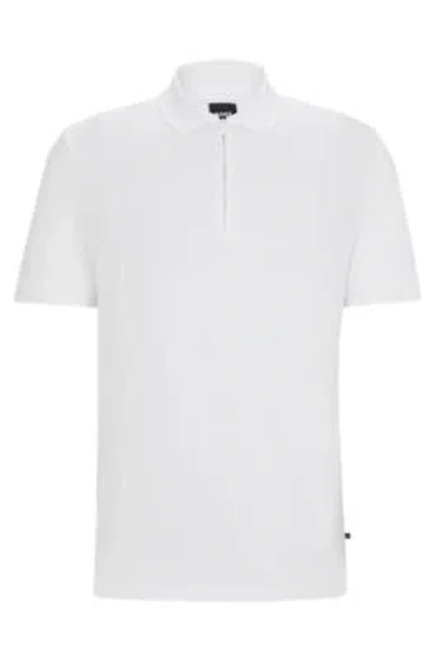 Hugo Boss Zip-neck Polo Shirt In Stretch Cotton In White