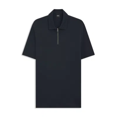 Hugo Boss Zip-neck Polo Shirt With Piqué Weave In Blue