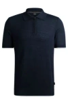 Hugo Boss Zip-neck Polo Sweater In A Linen Blend In Dark Blue