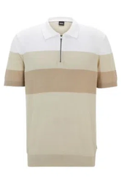 Hugo Boss Zip-neck Polo Sweater In A Linen Blend In Light Beige