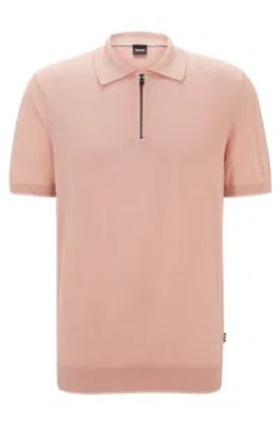 Hugo Boss Zip-neck Polo Jumper In A Linen Blend In Light Pink