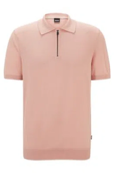 Hugo Boss Zip-neck Knit Polo In A Linen Blend In Light Pink