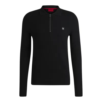 Hugo Boss Zip-neck Polo Sweater With Stacked Logo In Black