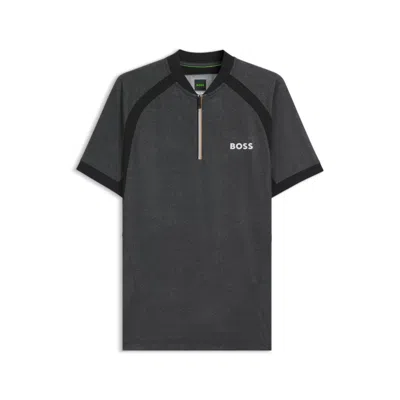 Hugo Boss Zip-neck Slim-fit Polo Shirt In Mesh Jersey In Black