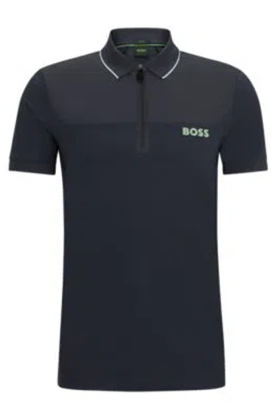 Hugo Boss Zip-neck Slim-fit Polo Shirt With Mesh Details In Grey