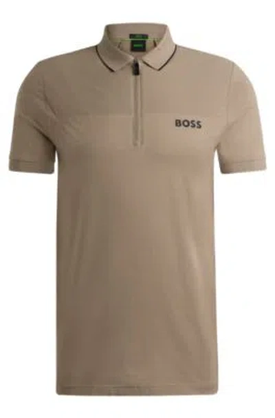 Hugo Boss Zip-neck Slim-fit Polo Shirt With Mesh Details In Light Green