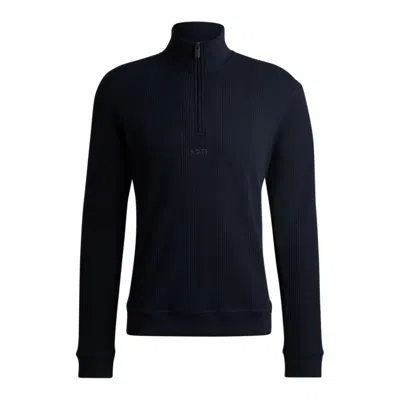Hugo Boss Zip-neck Sweater In A Waffle-structured Cotton In Blue