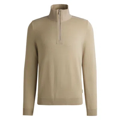 Hugo Boss Zip-neck Sweater With Softshell Trims In Beige