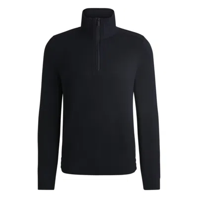 Hugo Boss Zip-neck Sweater In Virgin Wool With Logo Embroidery In Blue
