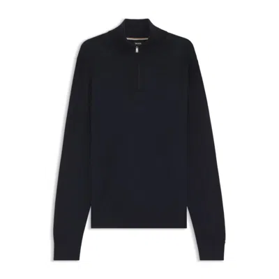 Hugo Boss Zip-neck Sweater With Structured Wool-cotton Front In Black