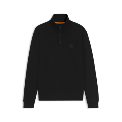 Hugo Boss Zip-neck Sweatshirt In Cotton Terry With Logo Patch In Black