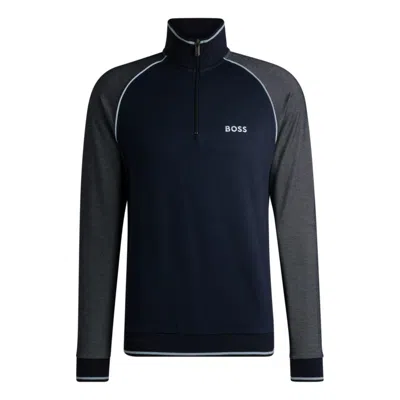Hugo Boss Zip-neck Sweatshirt With Contrast Piping In Blue