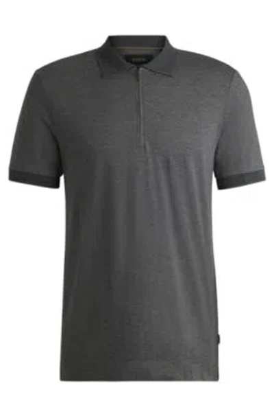 Hugo Boss Zip-placket Polo Shirt In Cotton And Silk In Grey